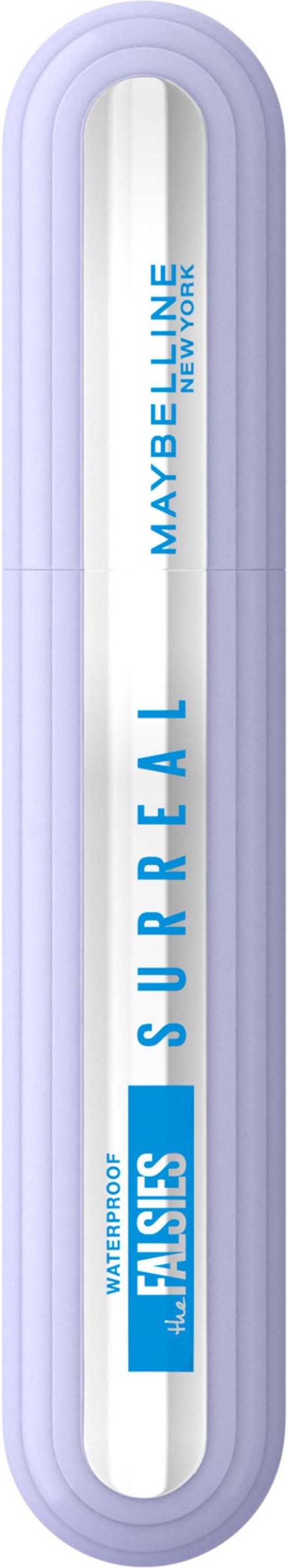 Maybellinen meikkituote nimeltä Super Real Waterproof, hohtava ja sinisillä merkeillä.