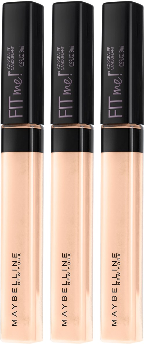 Tre rør med Maybelline Fit Me concealedekrem med beige væske og svarte lokk.