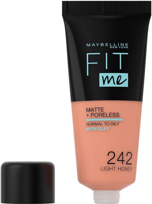 En tub med Maybelline Fit Me foundation i ljus honung, med svart lock och blå och beige text.
