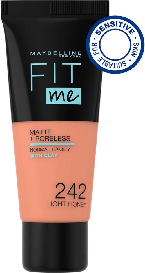 Maybelline Fit Me-foundation för normal till fet hud i nyansen 242 Light Honey, matt och porfri, med lera.