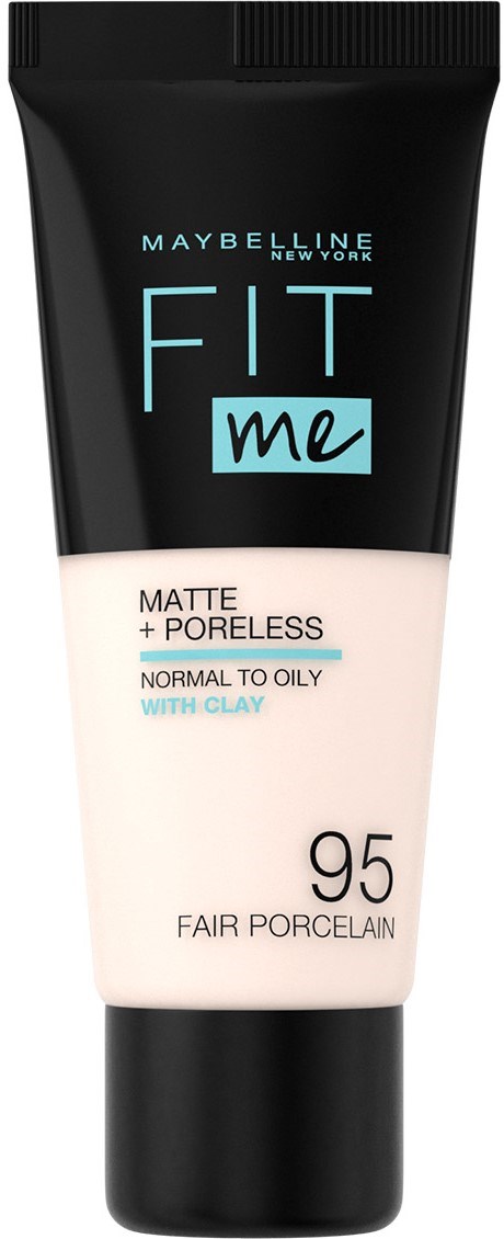 Maybelline Fit Me matt foundation för normal till oljig hud, nyans 95 Fair Porcelain, med lermineraler.