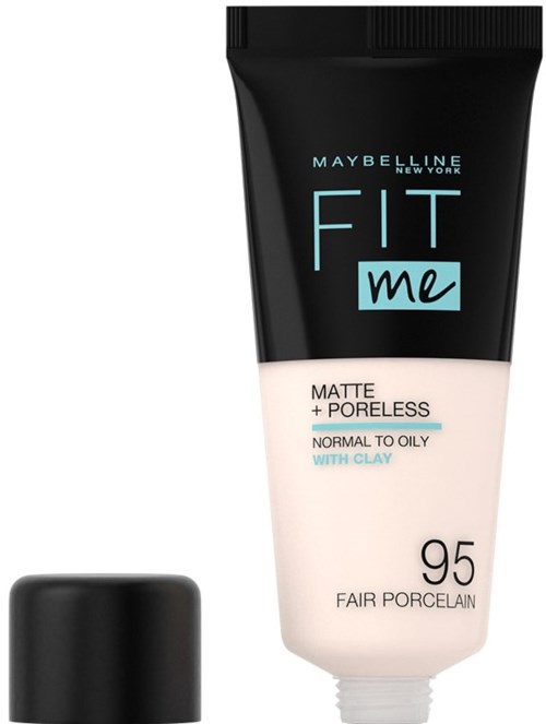 En tub med Maybelline Fit Me Matte + Poreless foundation, nyans 95 Fair Porcelain, med svart lock.
