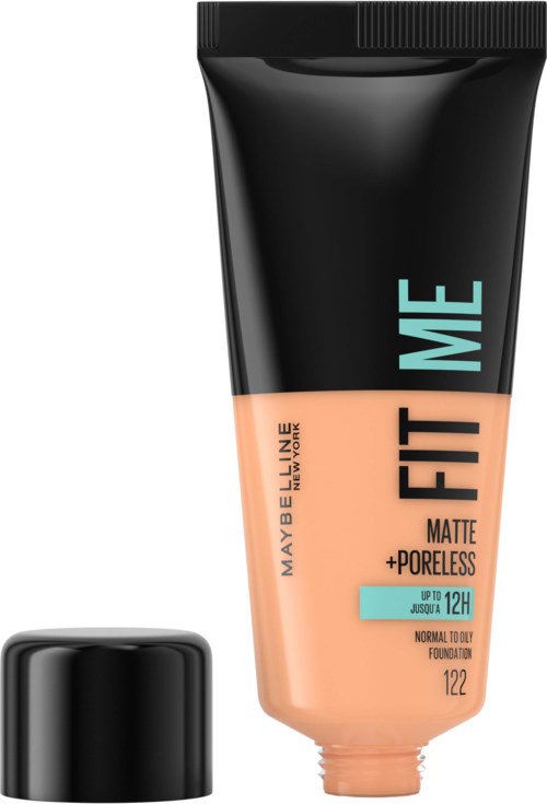 En tub av Maybelline Fit Me matt och poreless foundation, med svart lock och persikofärgad kropp.