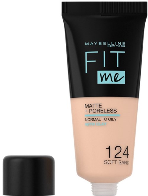 En tub med Maybelline Fit Me foundation i nyansen 124 Soft Sand, för normal till oljig hud, matt och porfri.