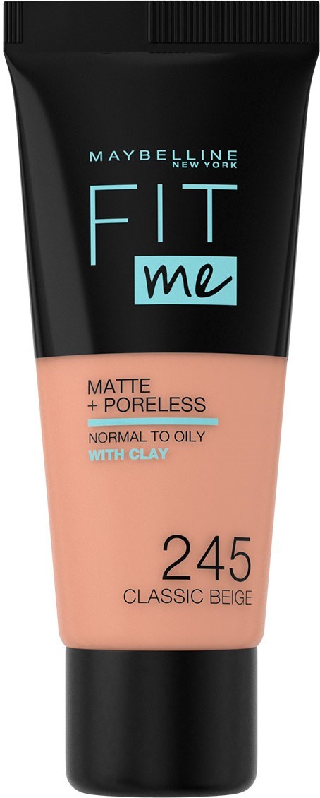 En Maybelline-foundationsrör med etiketten 'Fit Me' i beige färg för normal till oljig hud, med matt och porfri funktion.