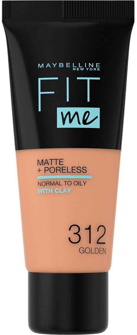 En Maybelline foundationrör märkt 'Fit Me,' för matta och porfria hudtyper, i nyans 312 Golden för normal till oljig hud.