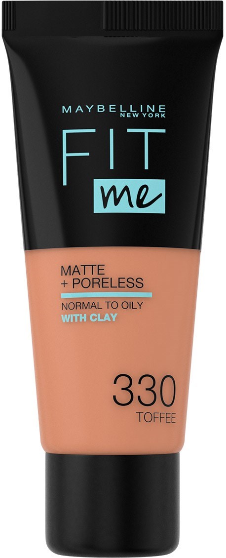En foundationstubbe i svarta, hudfärgade och blåa färger, märkt 'Maybelline Fit Me' och 'Matte + Poreless'.