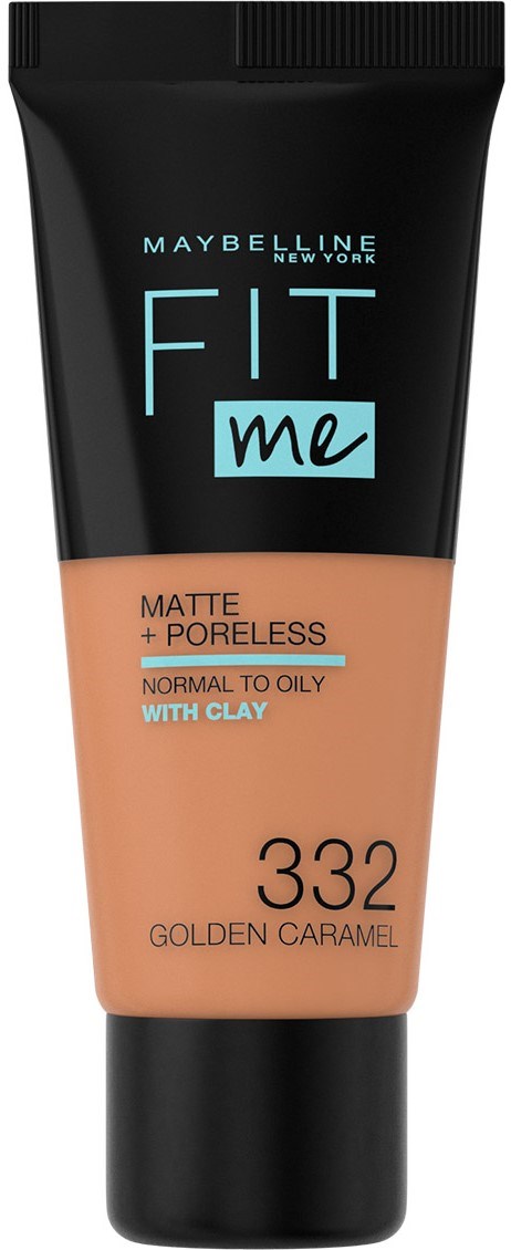 En Maybelline Fit Me-foundation i nyansen 332 Golden Caramel, passar för normal till oljig hud med lera.