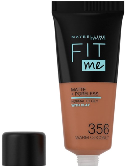 Ett Maybelline foundationrör märkt FIT me, matt, poreless, warm coconut, med lera, i nyans 356.