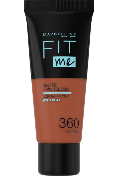 En tub med Maybelline Fit Me foundation i svart och beige, märkt för matt, porlös och fet hud.
