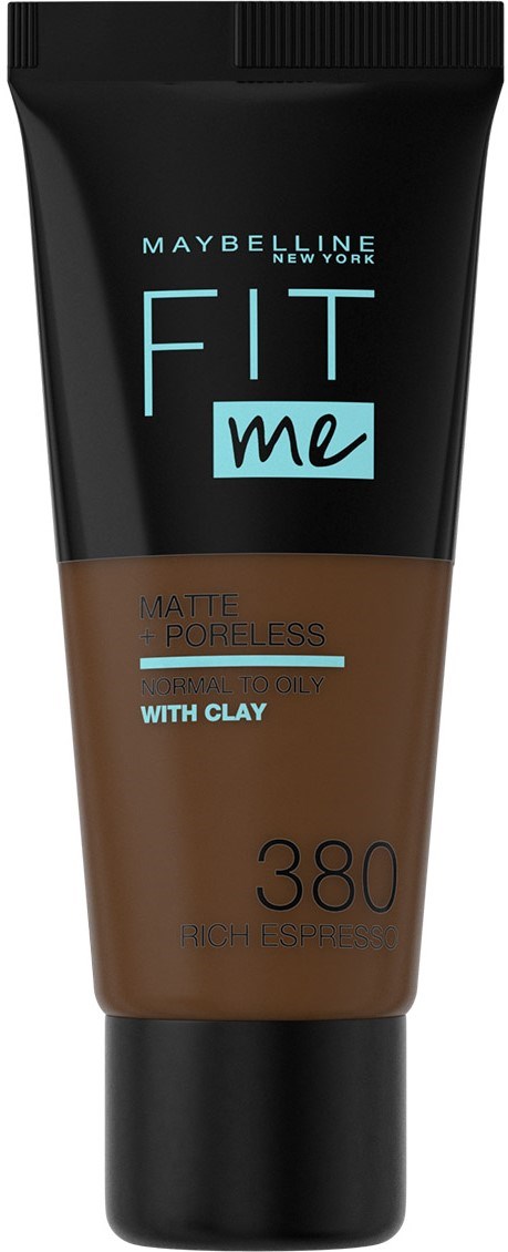 Maybelline Fit Me matt foundation för normal till oljig hud, nyans 380, i en svart och brun tub.