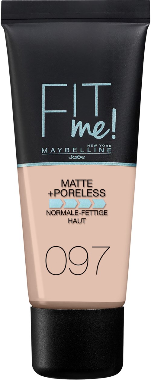 En beige tub av Maybelline Fit Me matt, poreless foundation med svart lock och ljusblå och svarta text.