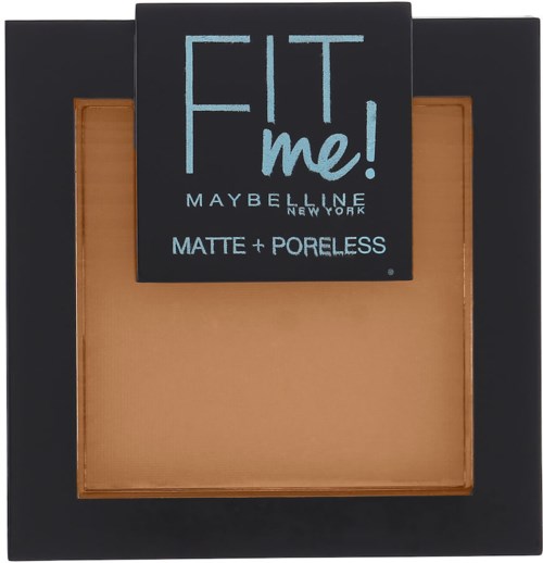 En Maybelline mattfoundation-kompakt med svart yttre skal och beige puder inuti.