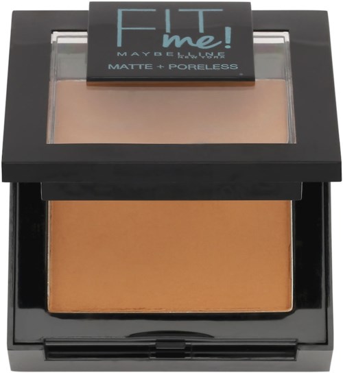 En makeupkompakt med beige puder och mörkare bronzer inuti, märkt 'FIT Me!' av Maybelline.