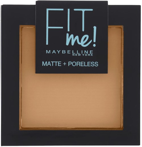 En makeup-kompact med svart ram, beige puder och en etikett som säger "FIT me!" i blått, plus Maybelline-märke.
