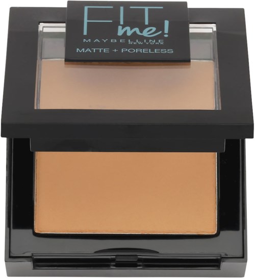 En liten kompakt foundationpuder med genomskinlig lock som visar beige puder inuti. Lockets text är blå och vit.