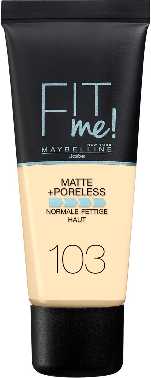 En tub med Maybelline Fit Me! puderfoundations, nyans 103, för normal till oljig hud.