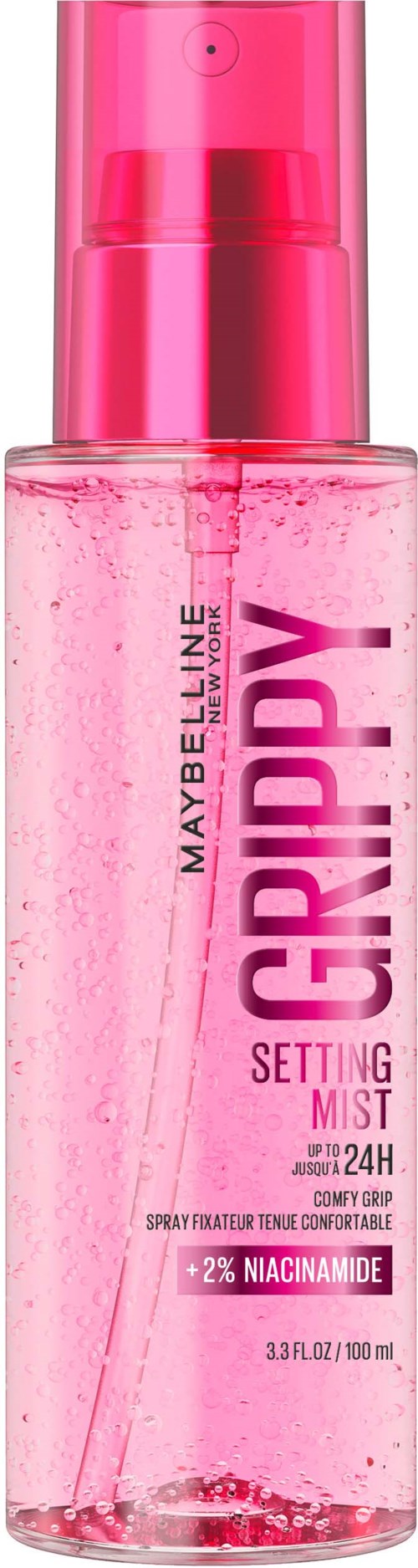 En rosa sprayflaska med orden 'GRIPPY' och 'SETTING MIST' på den, avsedd för sminkningens fixering.