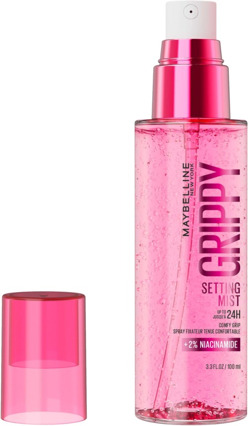 Rosa sprayflaska med lock, märkt Maybelline Baby Lips setting mist, innehåller 2% niacinamide, 3,3 fl oz.