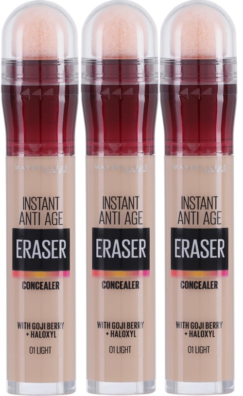 Tre rør med Eraser concealer, med gojibær og haloxyl, lys nyanse, viser produktets navn og ingredienser.