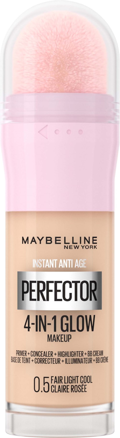 En rosa sminksvamp ansluten till en genomskinlig och rosa flaska med Maybelline foundation. Flaskan har en etikett med produktinformation.