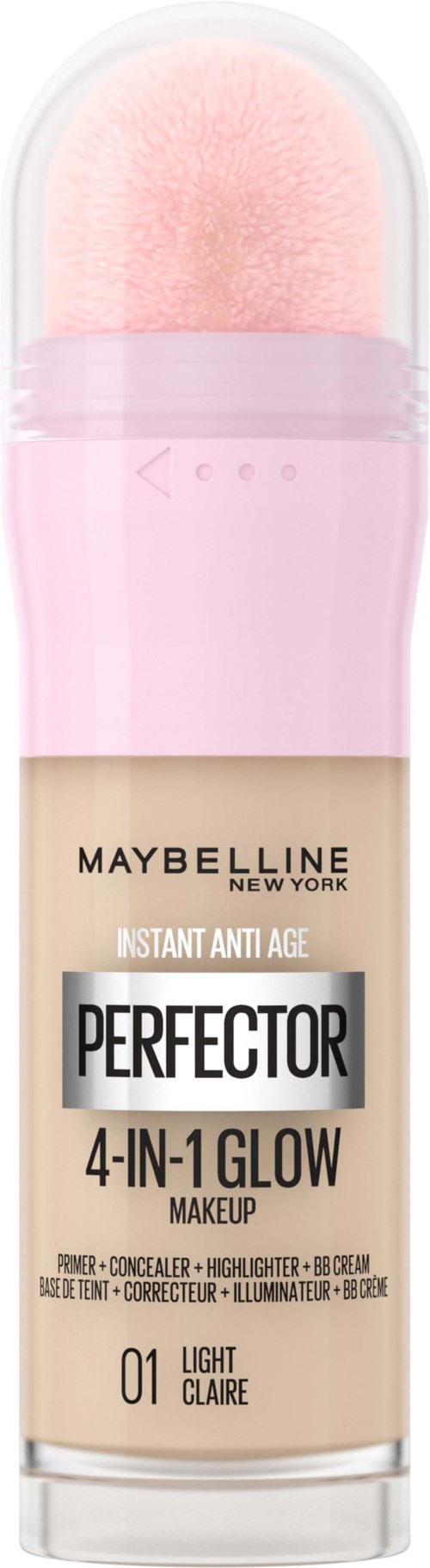 Vaaleanpunainen meikkisieni läpinäkyvällä tangolla, Maybelline highlighter, meikkivoide, peiteaine ja kiilto sävyssä vaalea.