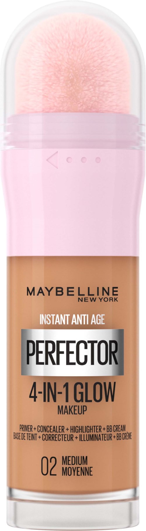 En rosa makeup-svamp i ett genomskinligt förpackning med en beige etikett, märkt som Maybelline Perfecter 4-in-1 Glow makeup.
