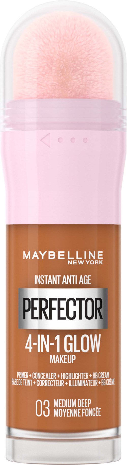 En rosa bärbar makeup-svamp på en klar rör med Maybelline-märke och produktdetaljer.