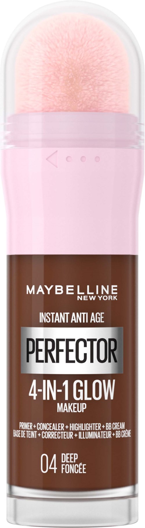Roze sponsapplicator met doorzichtige en roze container, gemerkt Maybelline Perfector 4-in-1 Glow make-upproduct.