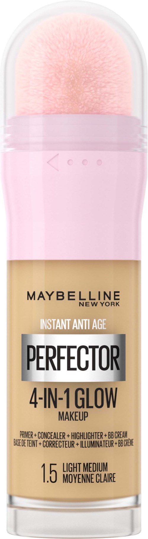 En rosa sminksvamp på en klar behållare med en etikett för Maybelline Perfectcor 4-in-1 Glow makeup.