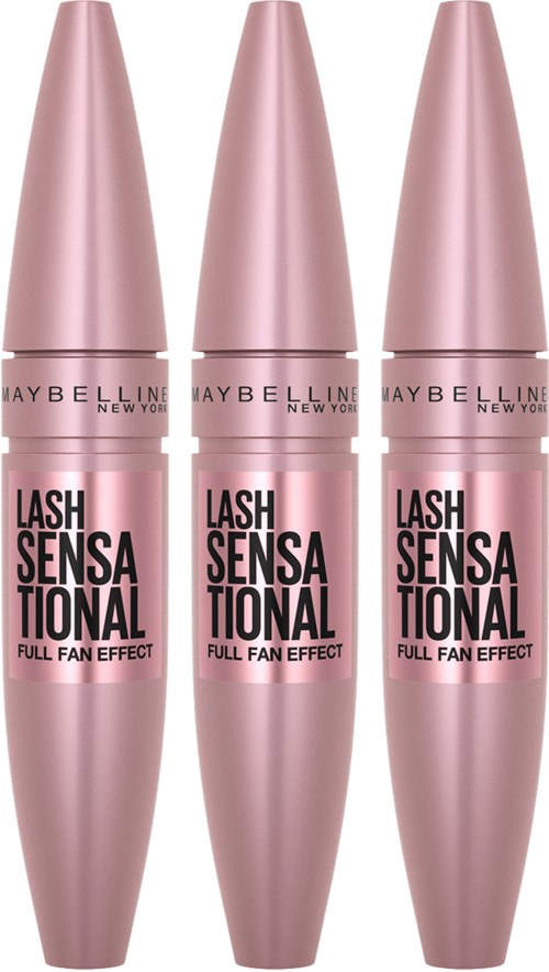 Tre rosa mascara-rør står oppreist, merket "Lash Sensational" av Maybelline, med full vifteeffekt.