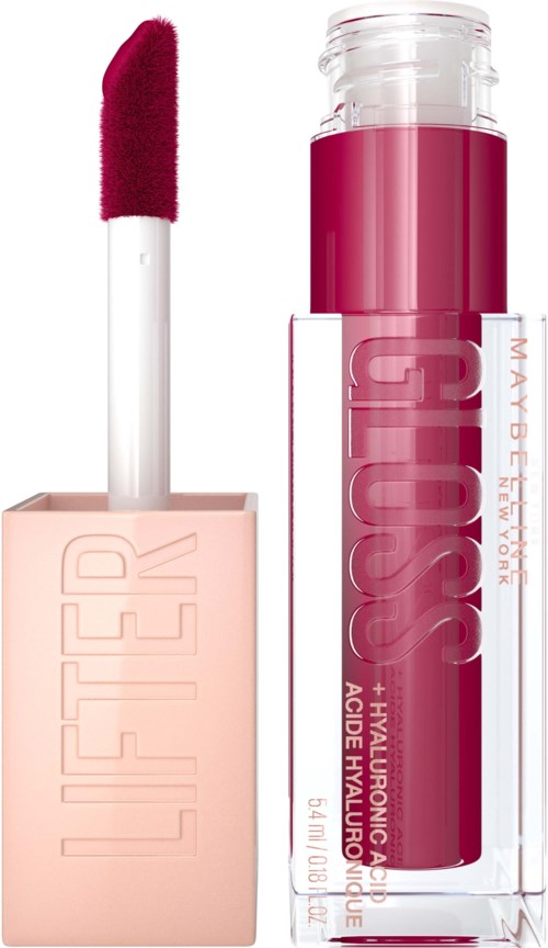 Ett flytande läppstift i rosa förpackning har en svampapplikator och en genomskinlig rör med rosa färg.