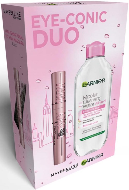 Pink eske med Maybelline og Garnier produkter, inkludert rensevannflaske og mascara.