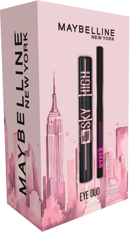 Maybelline New York øyepair mascara i rosa emballasje med bylandskap illustrasjon med høyt sky og hyper dypt nyanser.