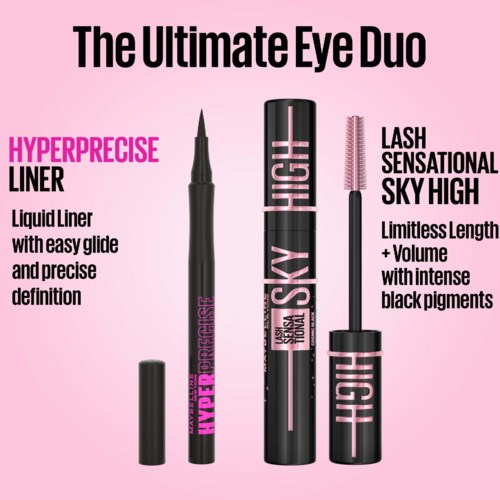En illustrasjon av to sminkeprodukter: flytende eyeliner og mascara, med beskrivende tekst om deres egenskaper på rosa bakgrunn.