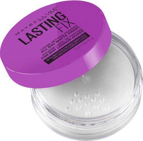 Ett lila lock täcker en klar behållare med fixeringstyp puder för smink.