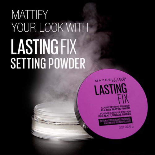 Maybelline setting powder med lila lock och ånga, marknadsför hållbart smink.