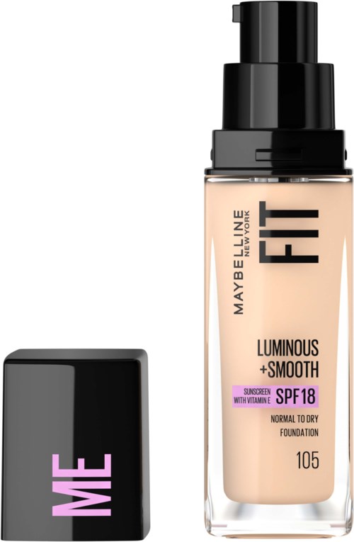 En flaska Maybelline Fit Liquid Foundation med SPF 18 för normal till torr hud. Flaskan är genomskinlig med svart pump.