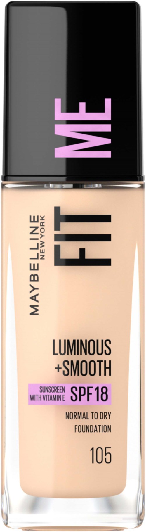 En foundationflaska med svart lock och beige vätska, märkt 'Maybelline Fit Me Luminous + Smooth' med SPF 18.