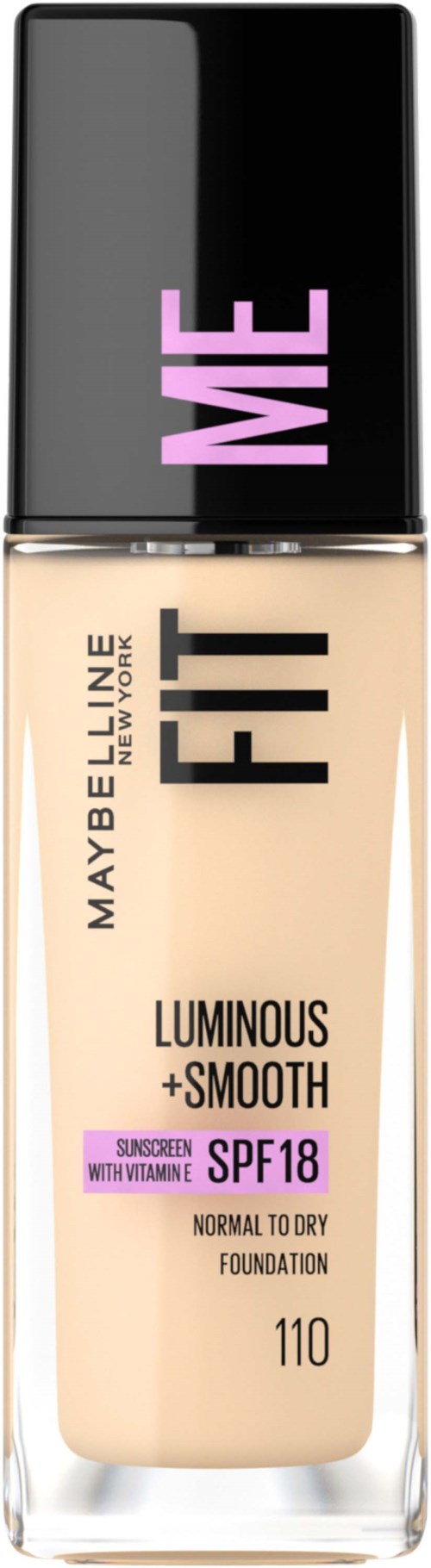 En Maybelline foundationflaska märkt 'FIT ME' med SPF 18, ljus färg och svart lock.