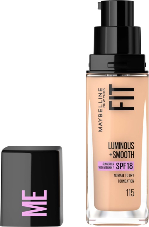 En foundationflaska märkt Maybelline Fit Luminous + Smooth med SPF18 för normal till torr hud.