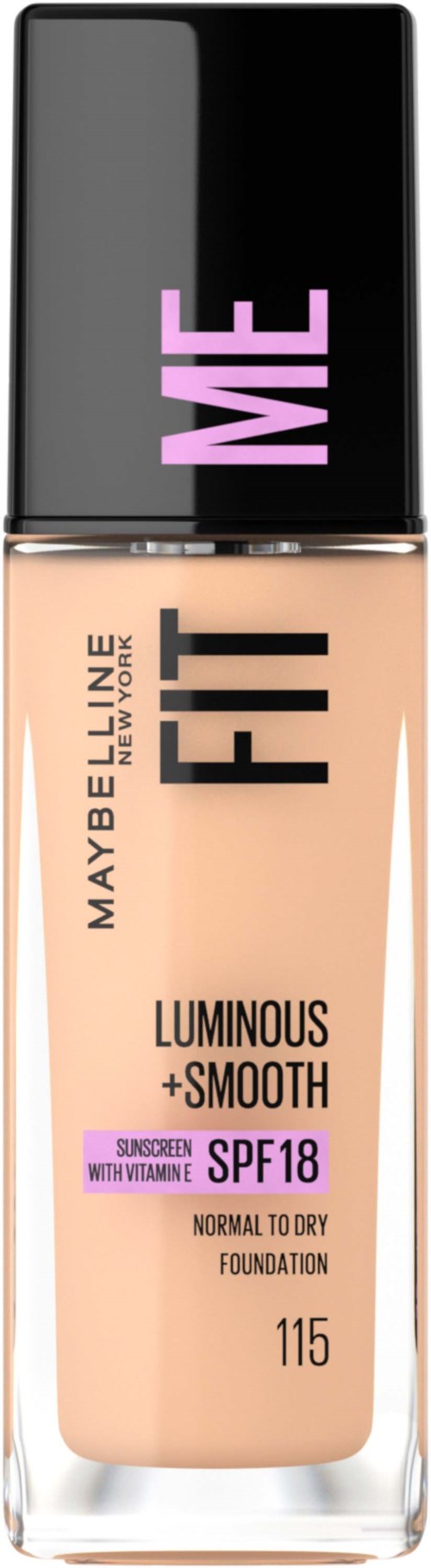 En flaska med Maybelline Fit Me foundation, märkt som ljus och jämn, med SPF 18, i nyansen 115.