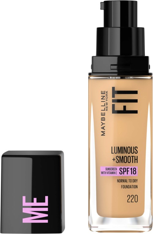 En flaska Maybelline Fit foundation med SPF18, märkt 'Luminous + Smooth' för normal till torr hud.