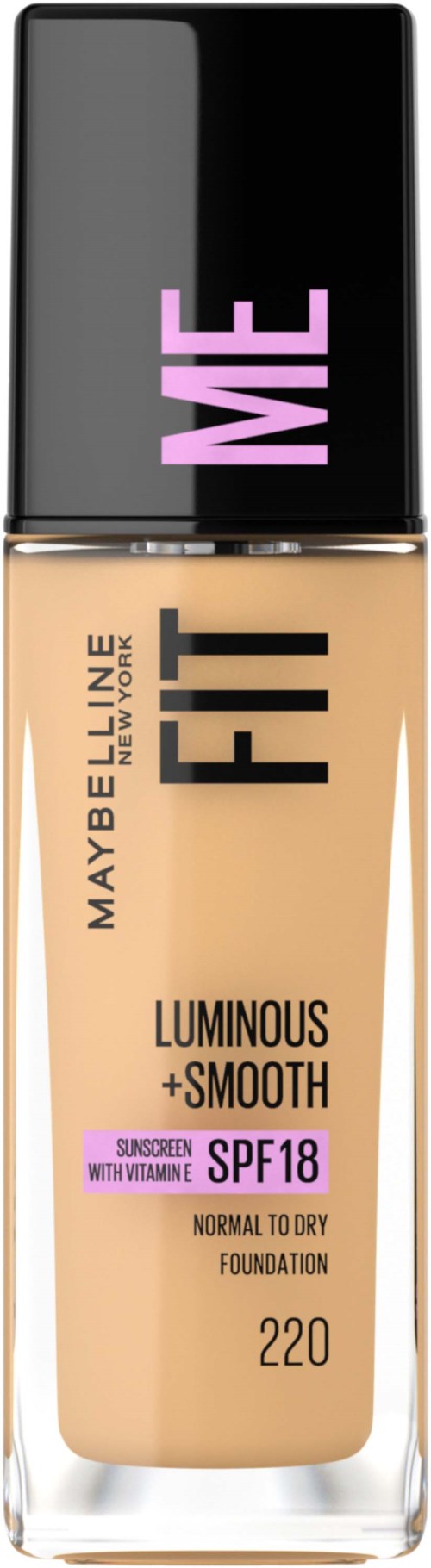 Maybelline Fit Me-foundation med SPF 18 i nyans 220, märkt som lyster och slät, för normal till torr hud.