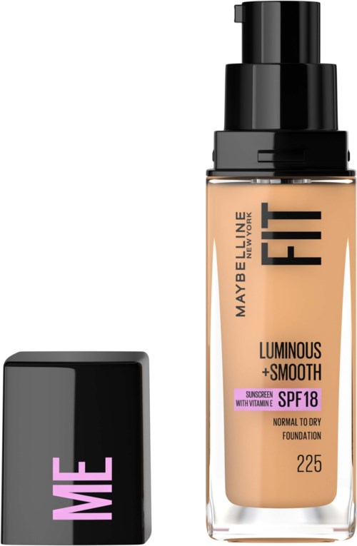 En flaska av Maybelline Fit true liquid foundation med SPF 18, märkt för normal till torr hud.