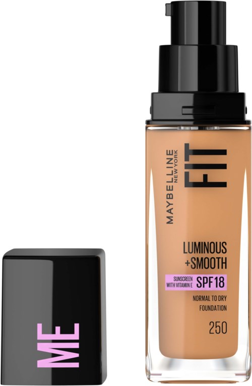 En flaska av Maybelline Fit foundation med SPF 18, märkt 'Luminous + Smooth'.