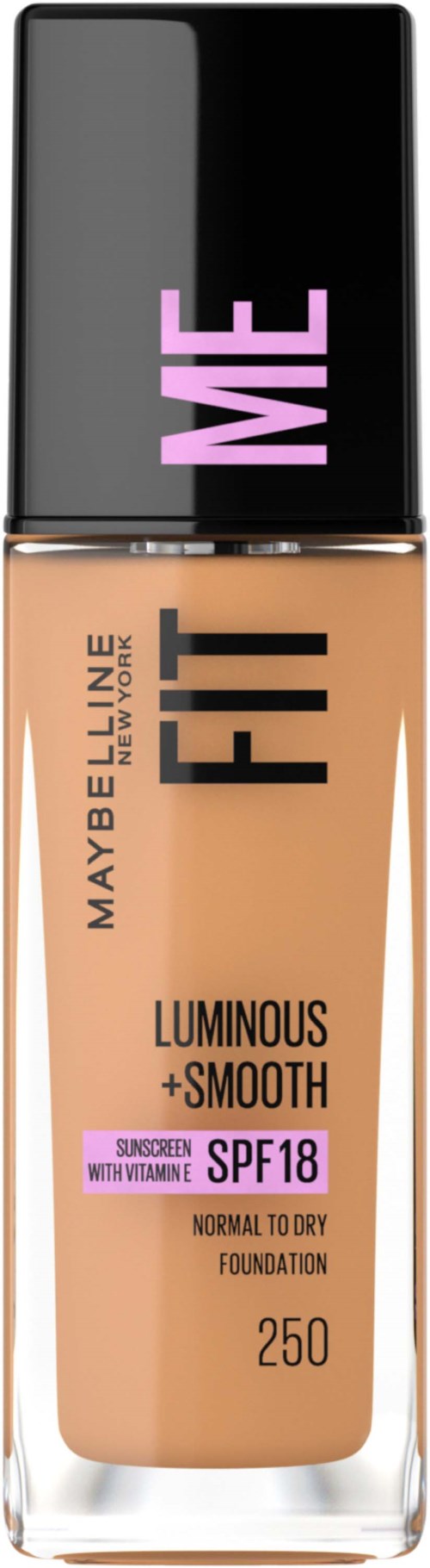 En flaska av Maybelline Fit Me-foundation med SPF 18, märkt som lysande och slät, i en brun nyans.