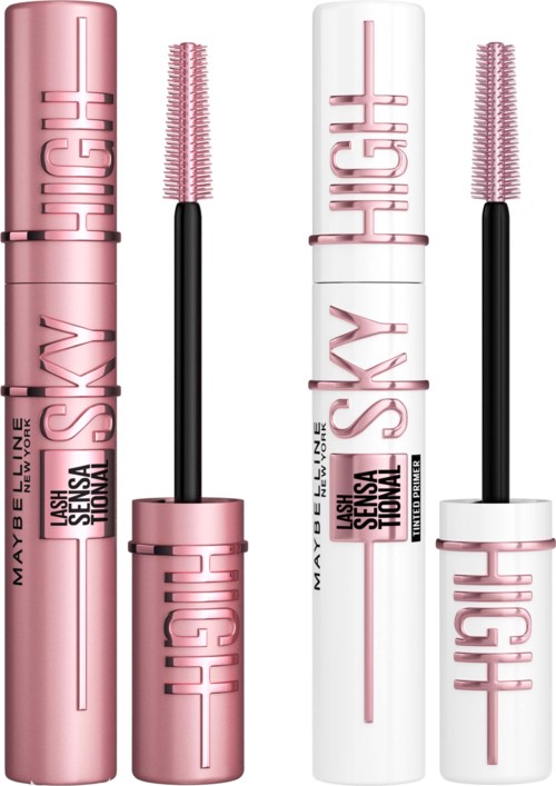 To tuber av Maybelline mascara, en rosa og en hvit, med børster ved siden av.