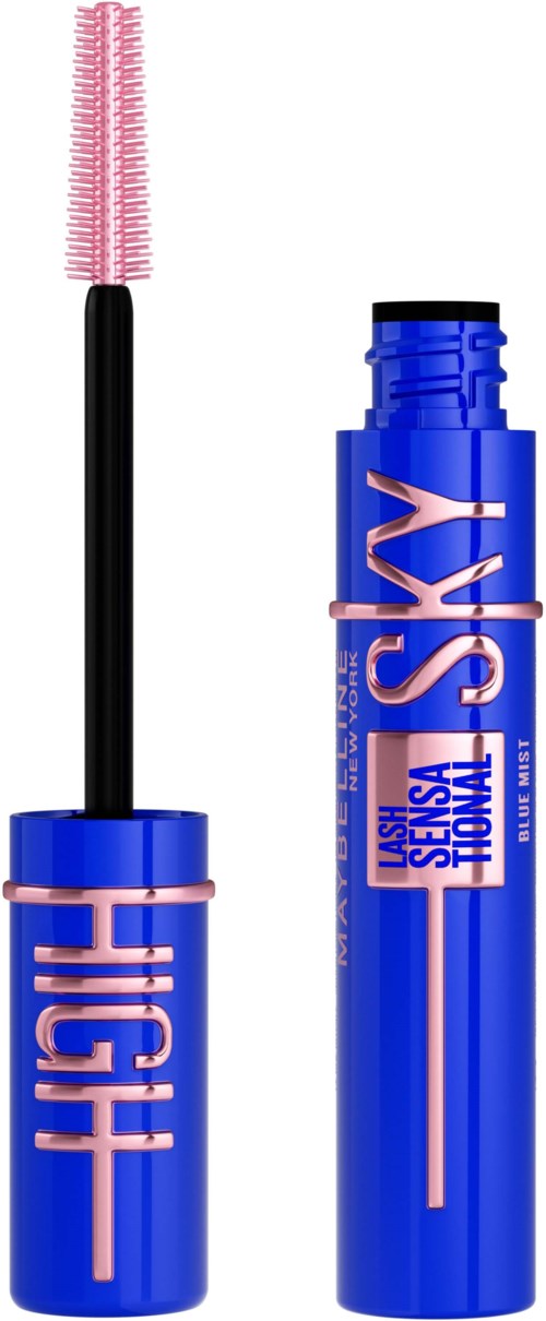 Blå mascara-rör med rosa borste, och fet rosa text säger 'HIGH' och 'YES'.