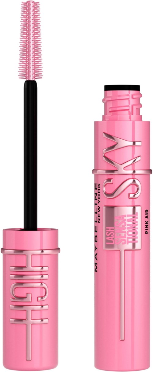 Pink mascara tube with the word 'HIGH' on it and a brush attached, missing the cap.